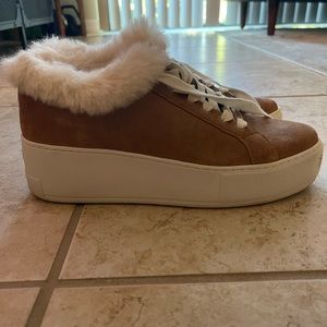 Tan Suede Fur Platform Sneakers, size 7.5